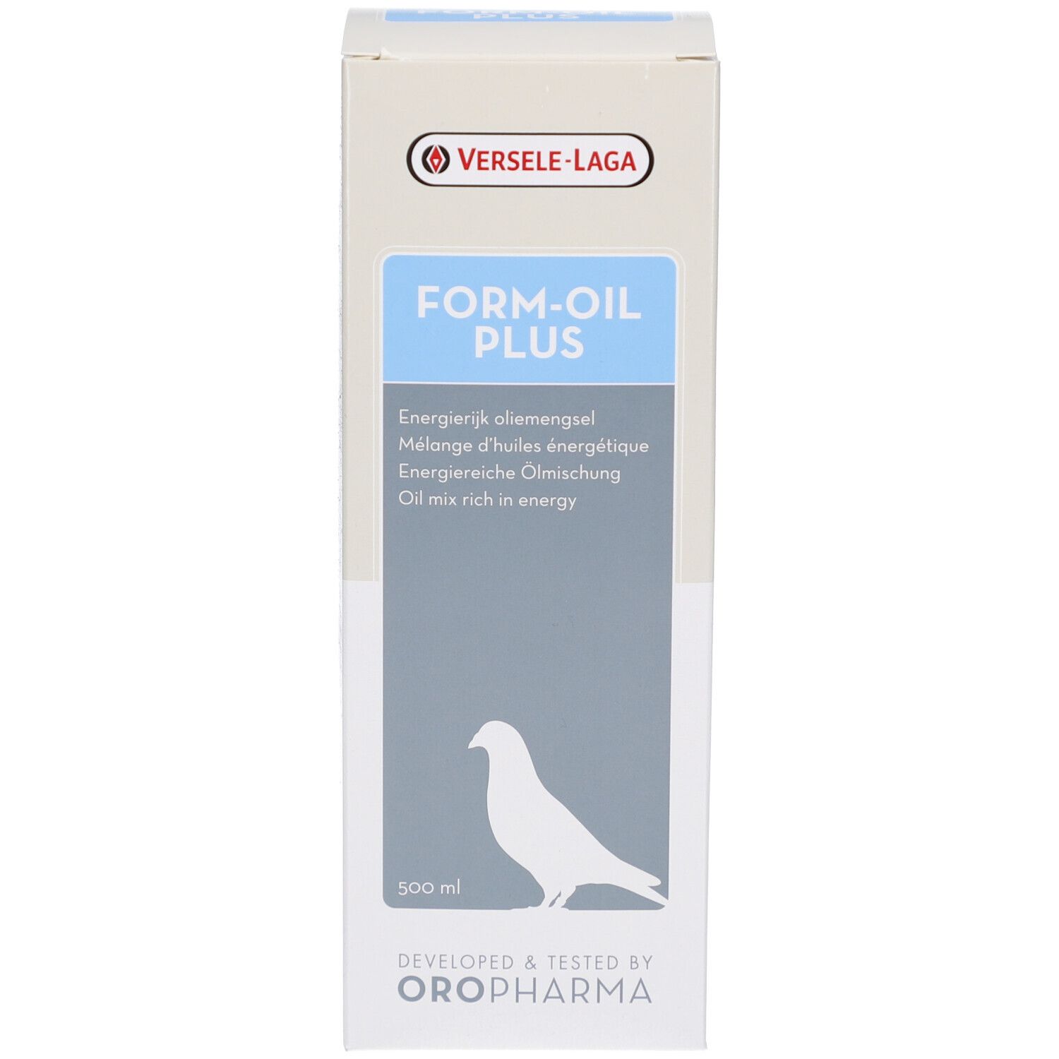 Karton mit Aufschrift: FORM-OIL PLUS. Marke: Versele-Laga. 500 ml. Mit Tauben-Silhouette.