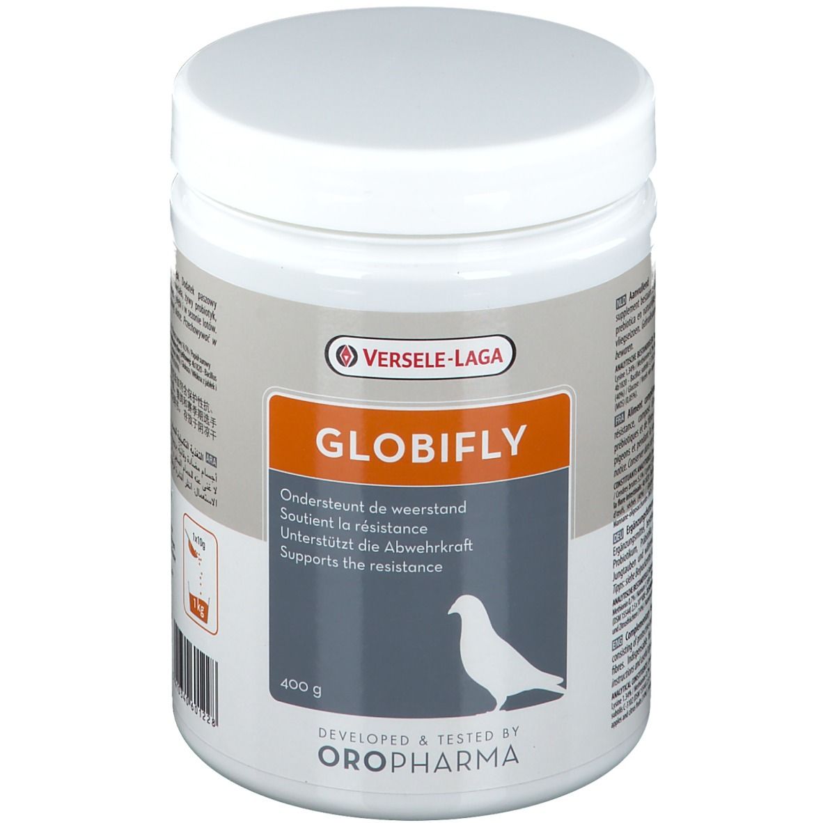 Récipient blanc avec couvercle. Inscription : Globifly, soutient la résistance. Logo : Versele-Laga. 400 g.
