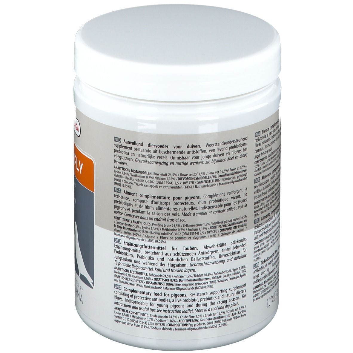 Récipient blanc avec couvercle. Texte multilingue. Informations produit et ingrédients au dos.