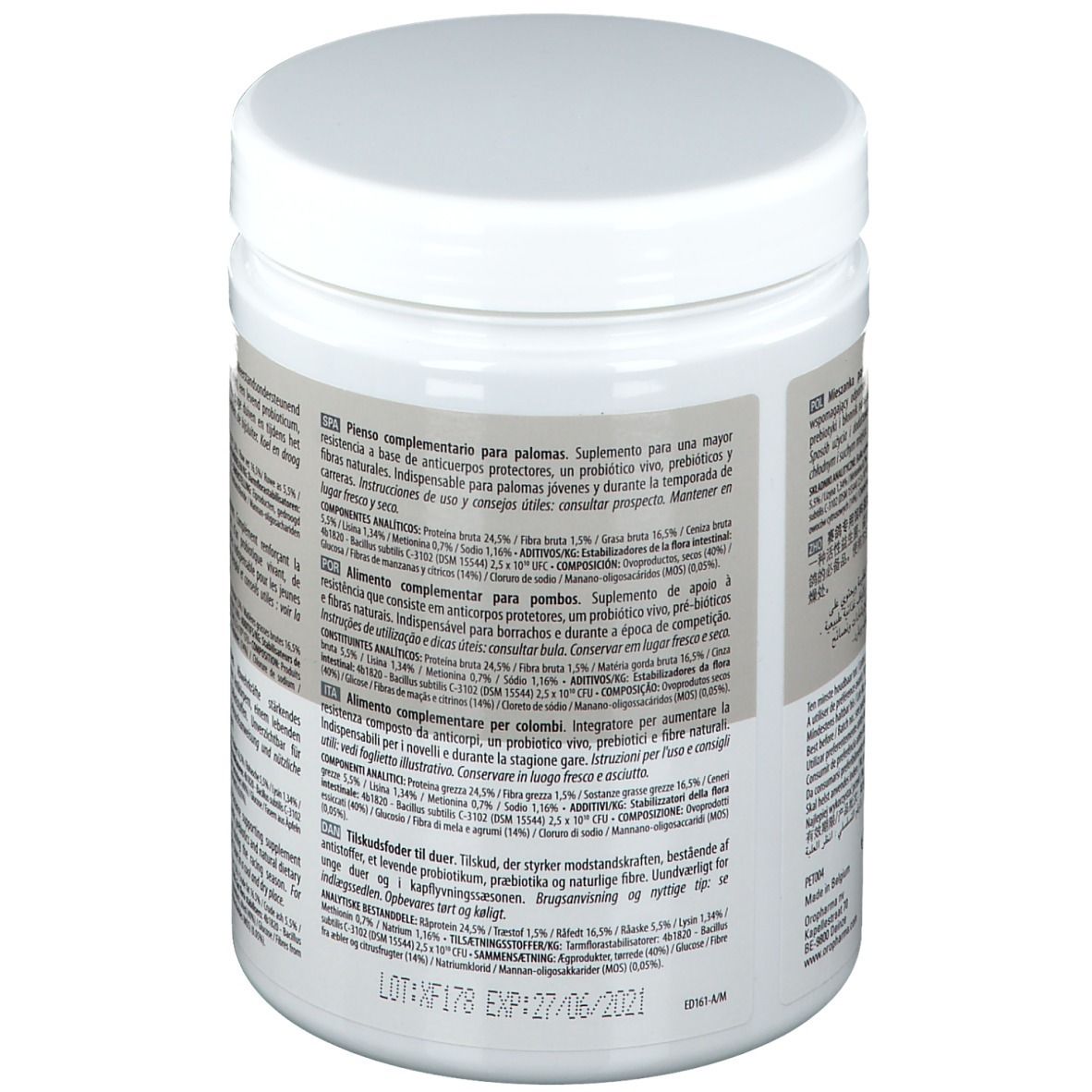 Récipient blanc avec couvercle. Informations produit et ingrédients au dos. Date de péremption : 27/06/2021.