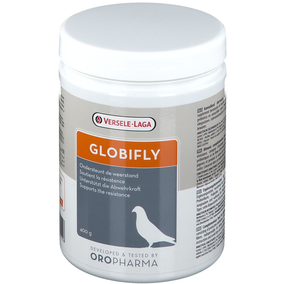 Récipient blanc avec couvercle. Inscription : Globifly, soutient la résistance. Logo : Versele-Laga. 400 g.