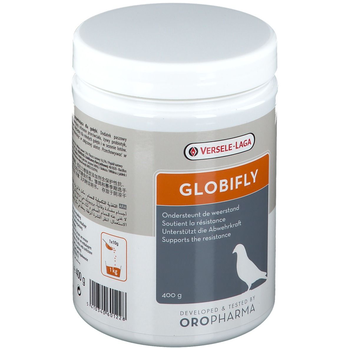Récipient blanc avec couvercle. Inscription : Globifly, soutient la résistance. Logo : Versele-Laga. 400 g et 1 kg.
