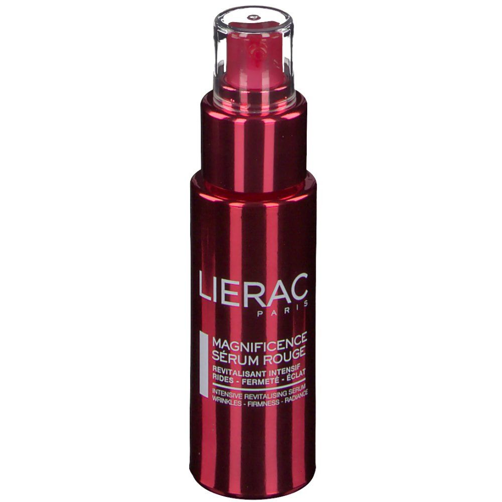 Sérum rouge avec vaporisateur. Inscription: LIERAC, MAGNIFICENCE SÉRUM ROUGE. Sérum revitalisant intensif.