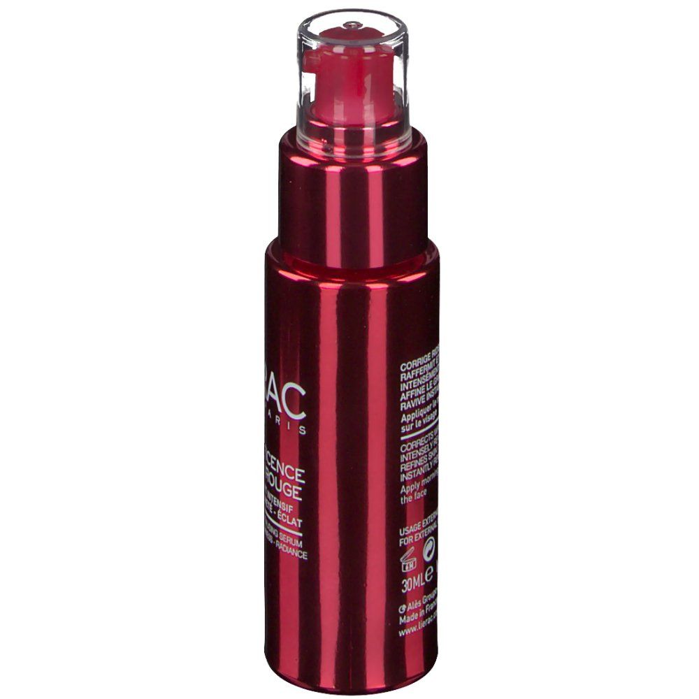 Sérum rouge avec vaporisateur. Inscription: LIERAC, MAGNIFICENCE SÉRUM ROUGE. 30ml. Texte au dos.