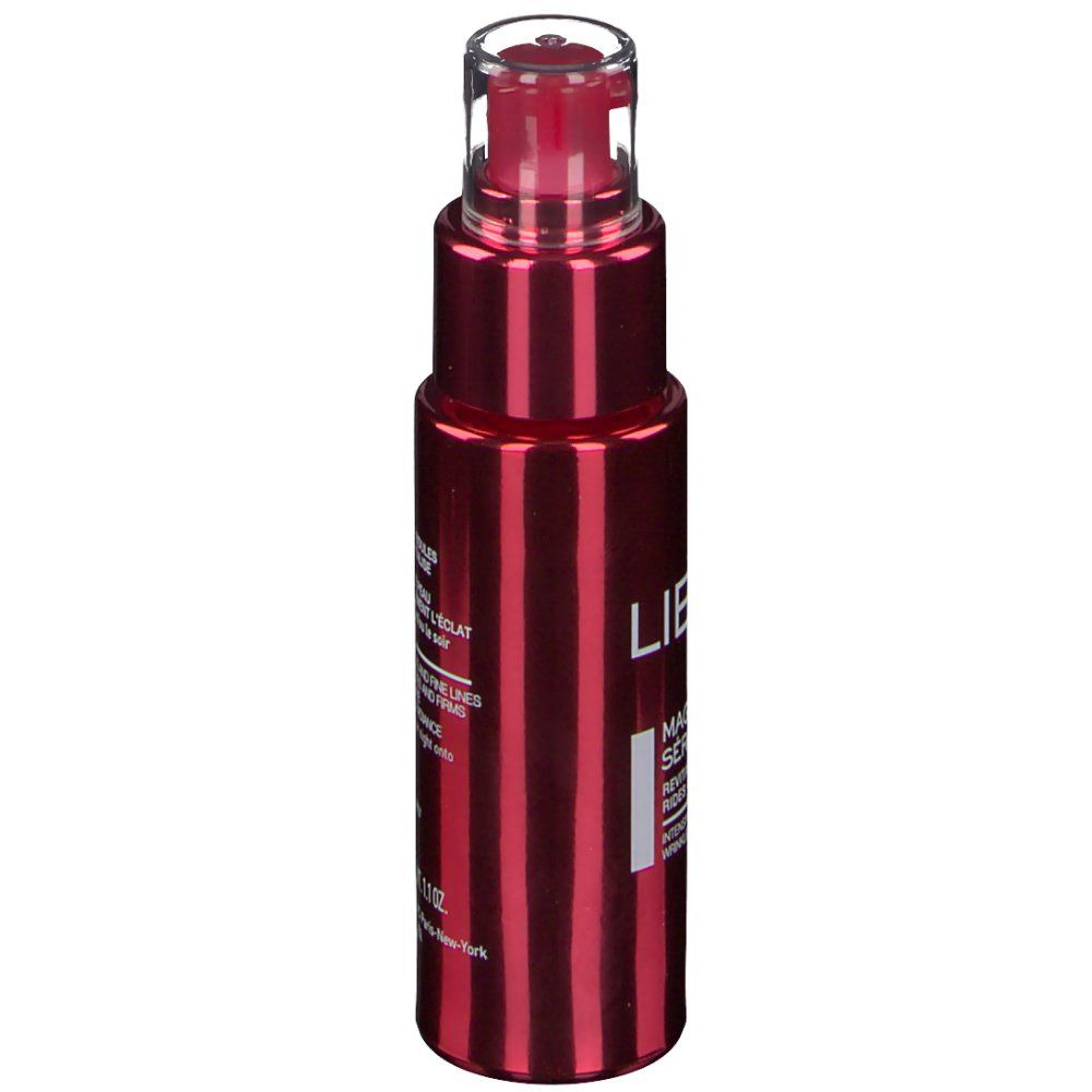 Sérum rouge avec vaporisateur. Inscription: LIERAC, MAGNIFICENCE SÉRUM ROUGE. 30ml. Texte au dos.