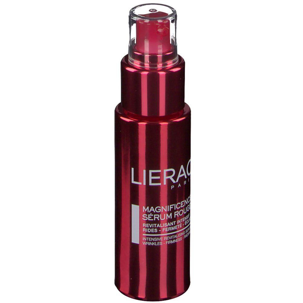 Sérum rouge avec vaporisateur. Inscription: LIERAC, MAGNIFICENCE SÉRUM ROUGE. 30ml. Texte au dos.