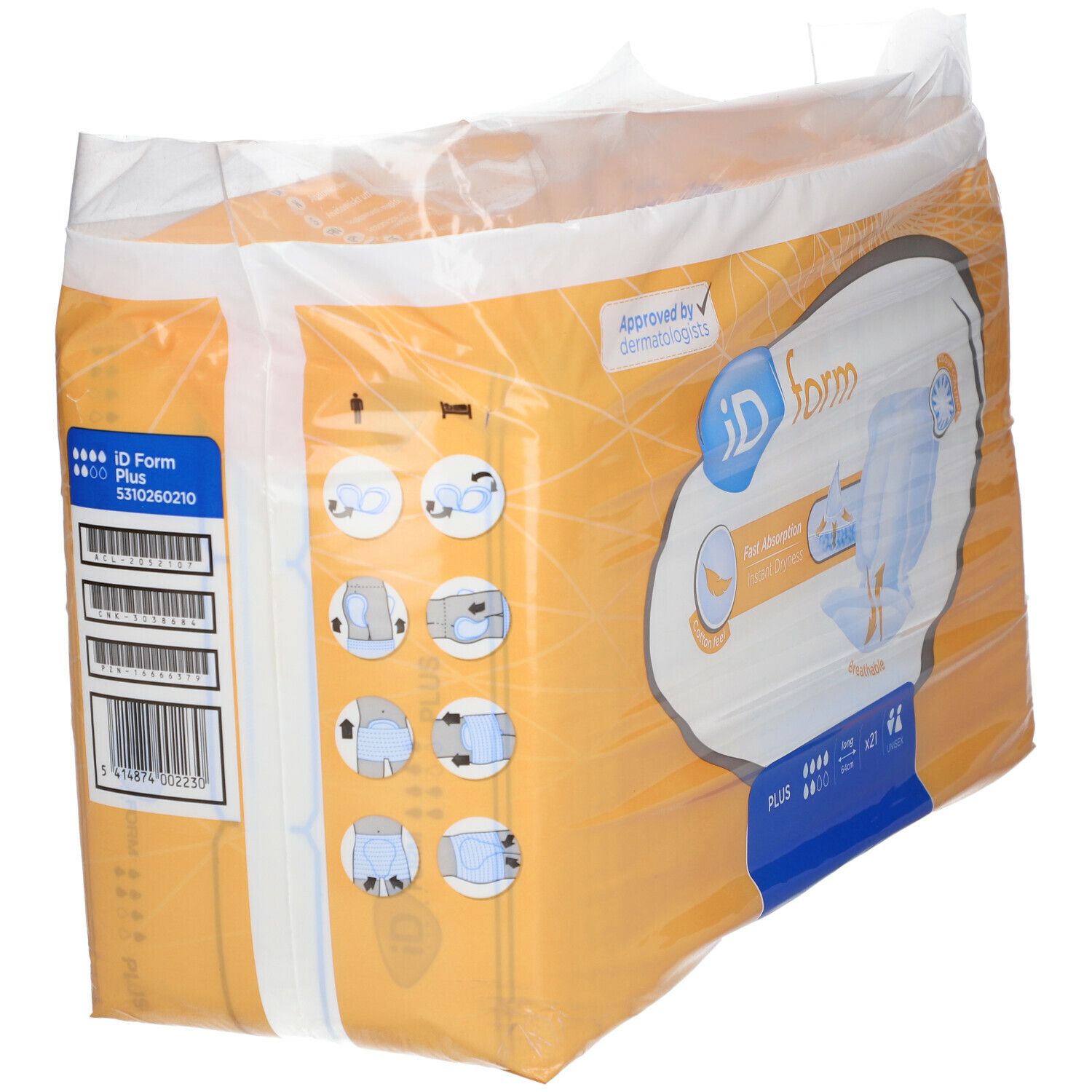 Emballage iD Form Plus. Emballage jaune sous plastique transparent. Inscriptions : iD Form, Plus, illustrations du produit, code-barres.