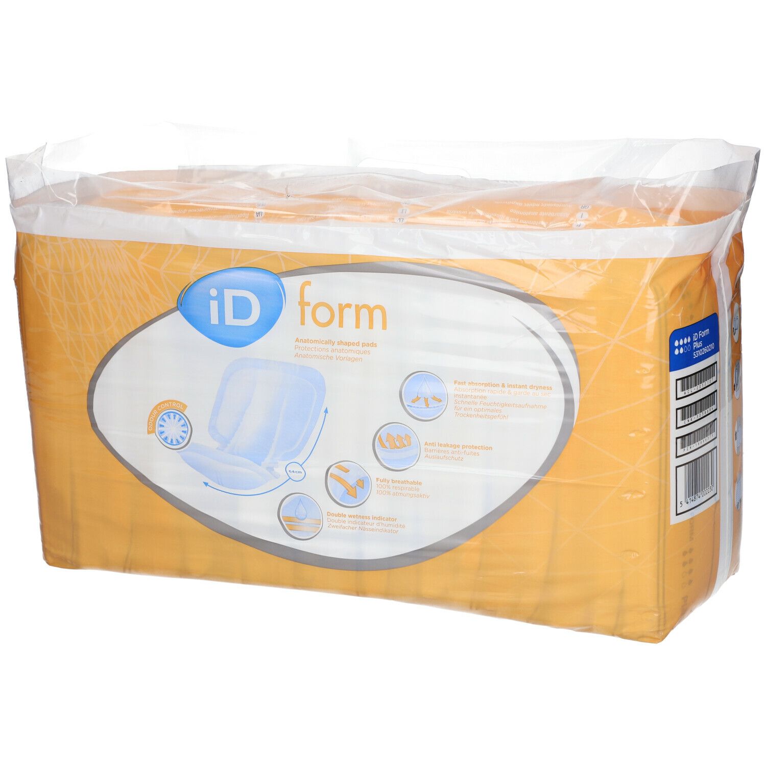 Emballage iD Form Plus. Emballage jaune sous plastique transparent. Inscriptions : iD Form, Plus, illustrations du produit, code-barres.