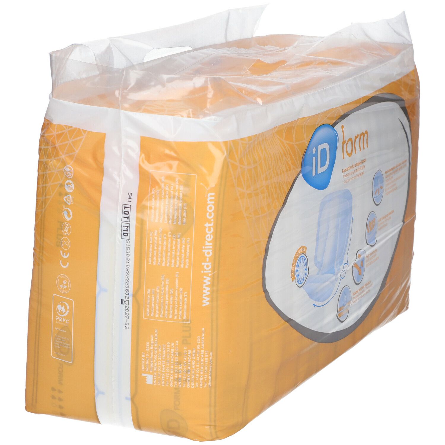 Emballage iD Form Plus. Emballage jaune sous plastique transparent. Inscriptions : iD Form, Plus, www.id-direct.com, marquage CE.