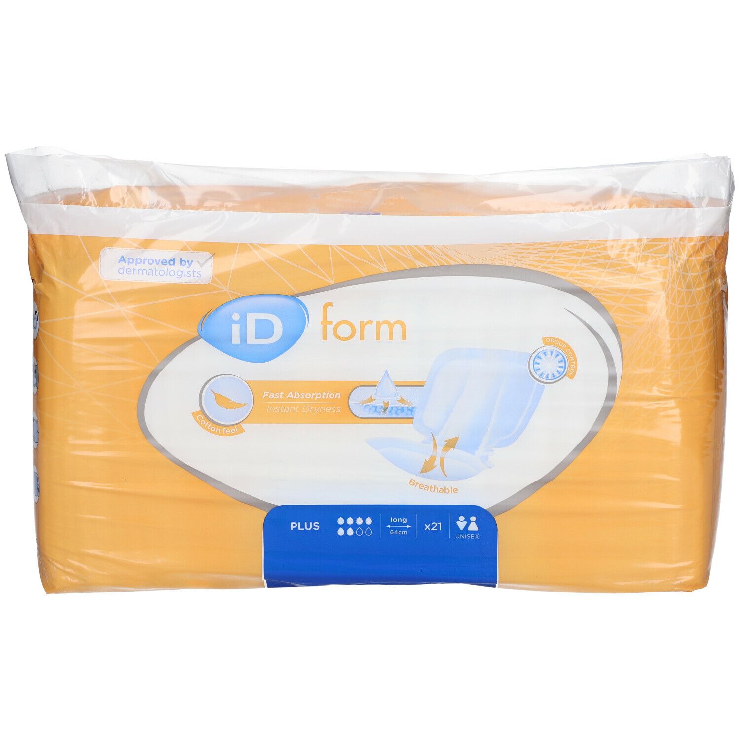 Emballage iD Form Plus. Emballage jaune sous plastique transparent. Inscriptions : iD Form, Plus, absorption rapide, respirant.