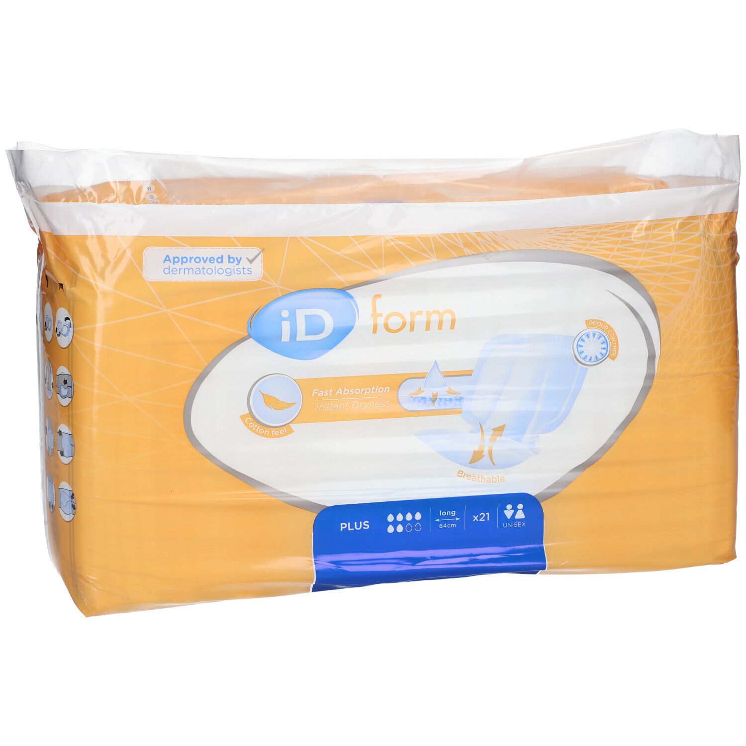 Emballage iD Form Plus. Emballage jaune sous plastique transparent. Inscriptions : iD Form, Plus, testé dermatologiquement.