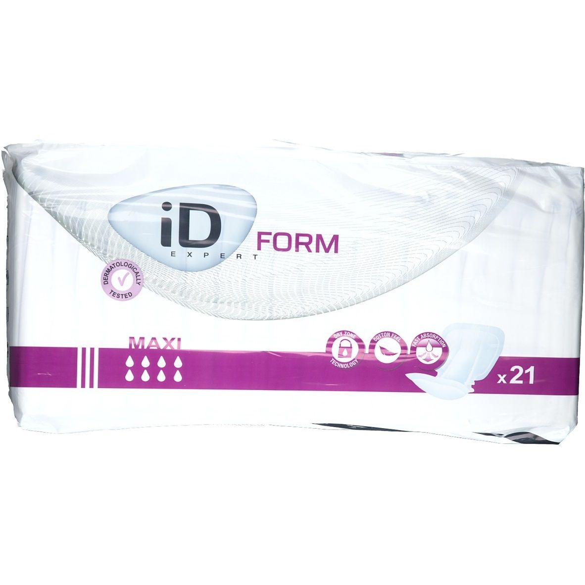 Emballage iD Expert Form Maxi. Emballage blanc avec logo et illustration du produit. Contient 21 protections.