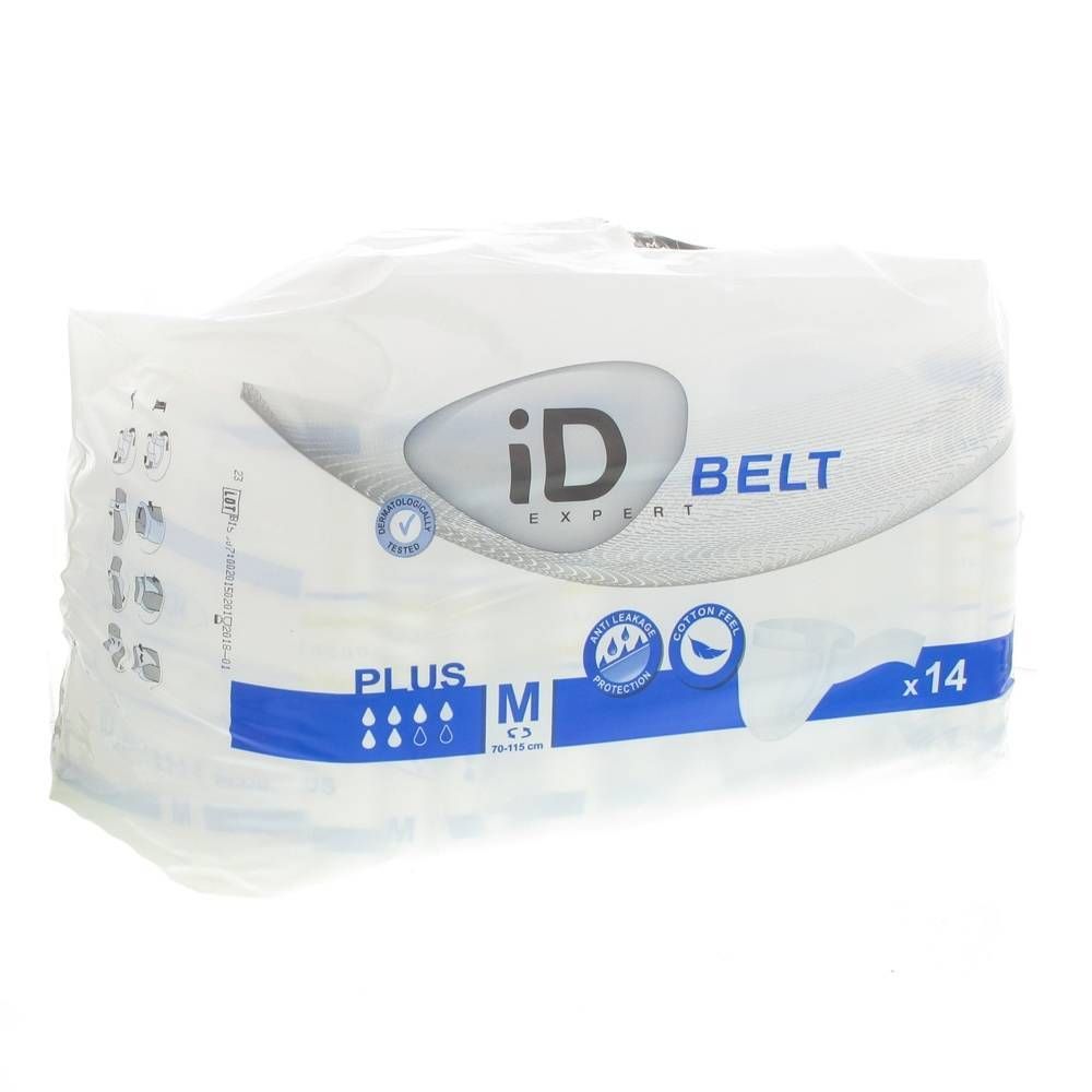 Paquet de iD Expert Belt Plus M, 14 unités. Emballage plastique blanc avec logo et informations produit.