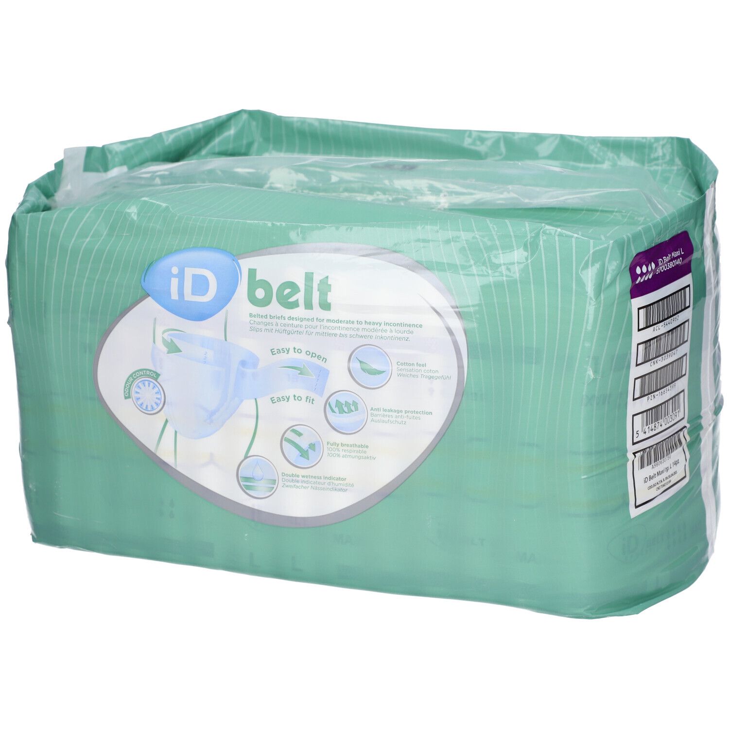 Emballage iD Expert Belt. Vert et blanc. Informations produit, logo et code-barres.