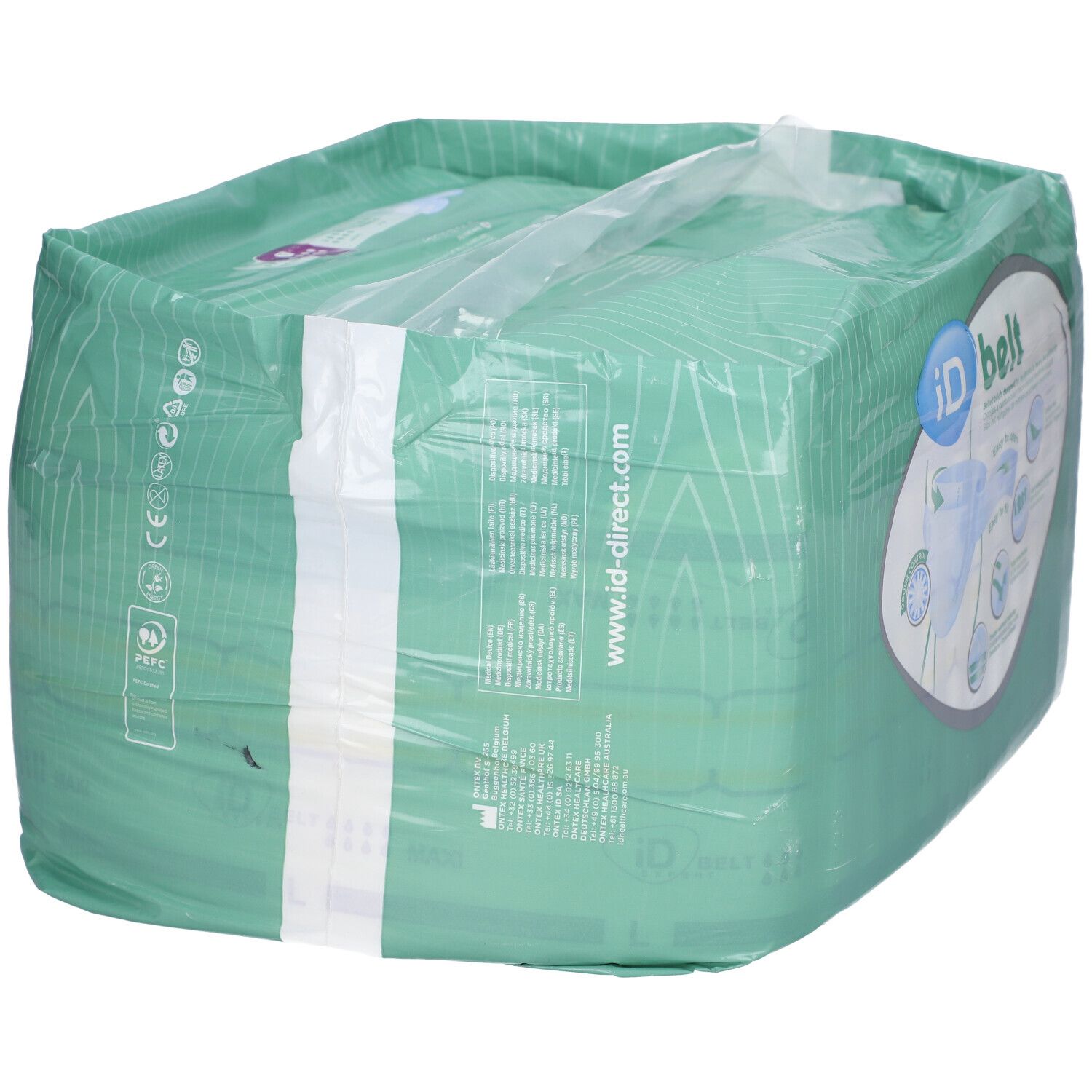 Emballage iD Expert Belt. Vert et blanc. Informations produit, logo et adresse du site web.