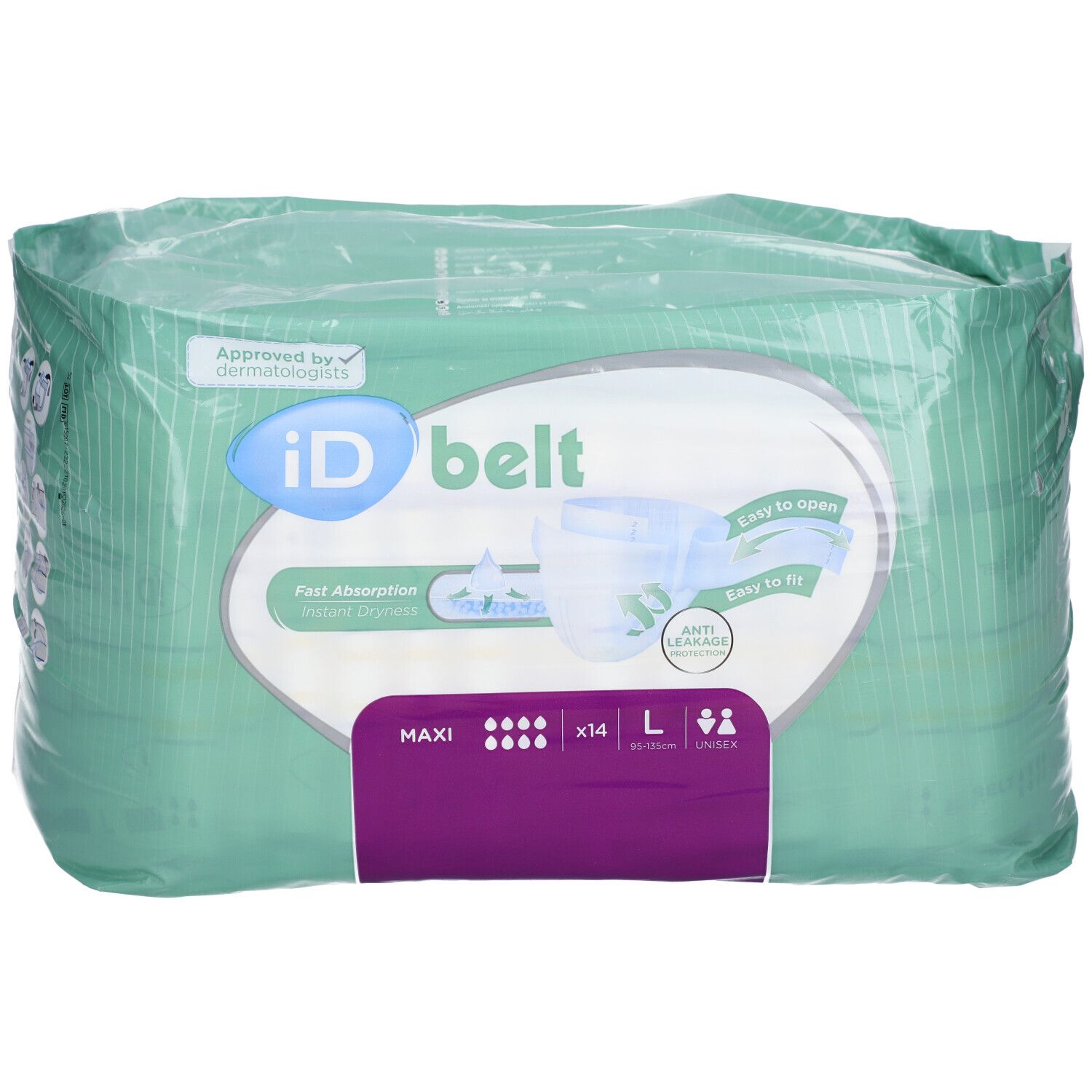 Emballage iD Expert Belt Maxi L. Vert et blanc. Logo, informations produit et certification.