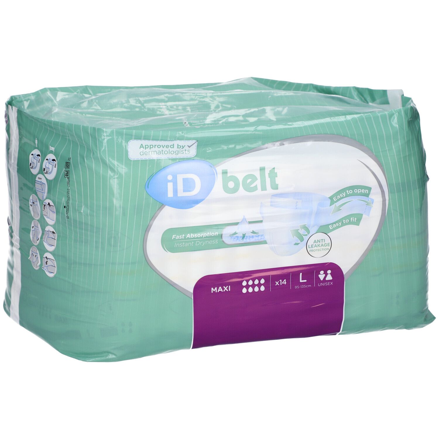 Emballage iD Expert Belt Maxi L. Vert et blanc. Logo, informations produit et certification.