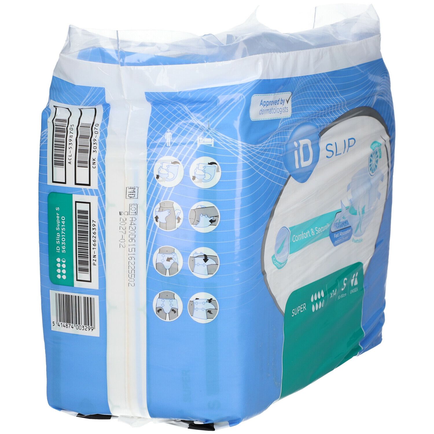 Verpackung ID Slip Super S, Größe S, unisex. Blaue Verpackung mit Produktinformationen und Logo. Genehmigt von Dermatologen.