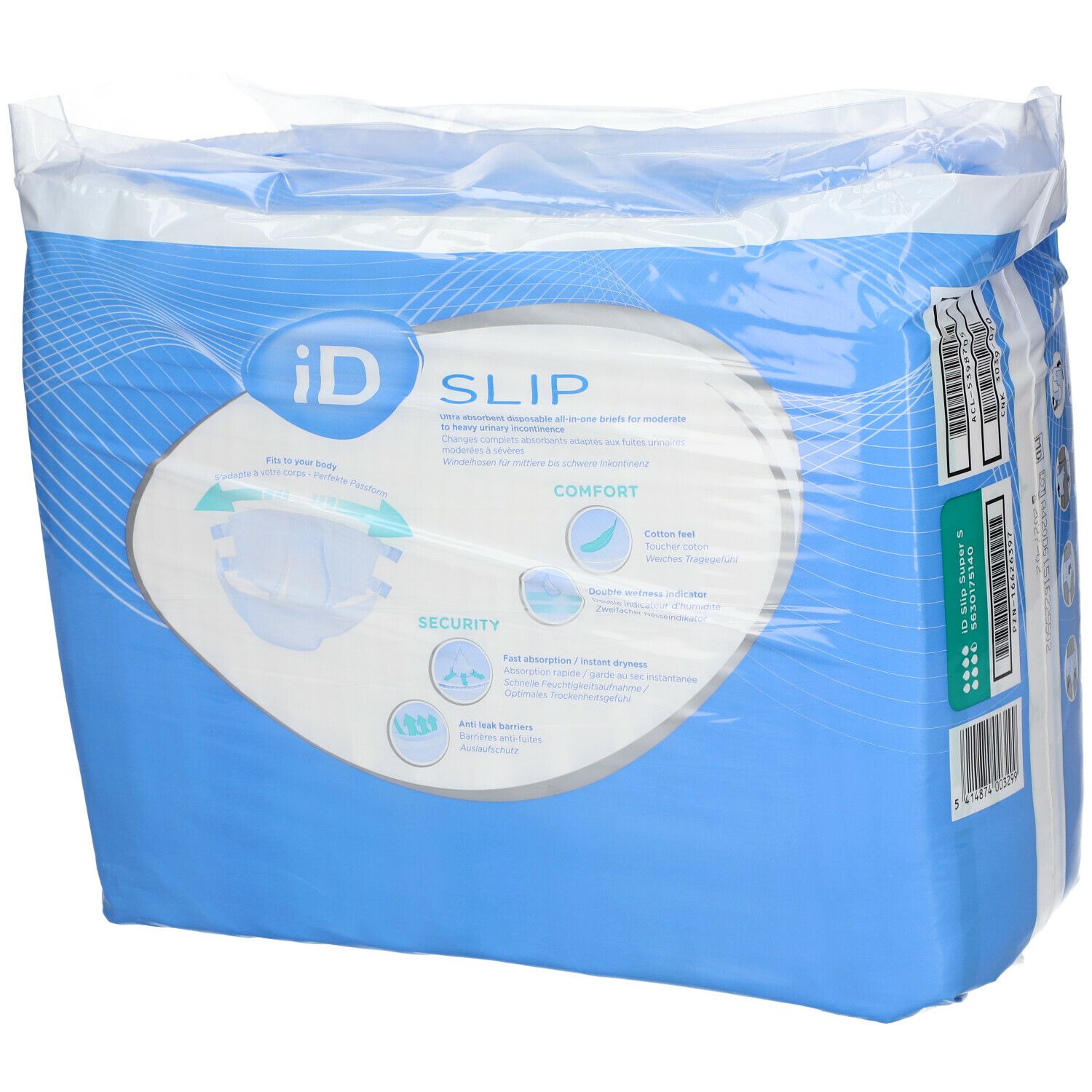 Verpackung ID Slip Super S, Größe S, unisex. Blaue Verpackung mit Produktinformationen und Logo.