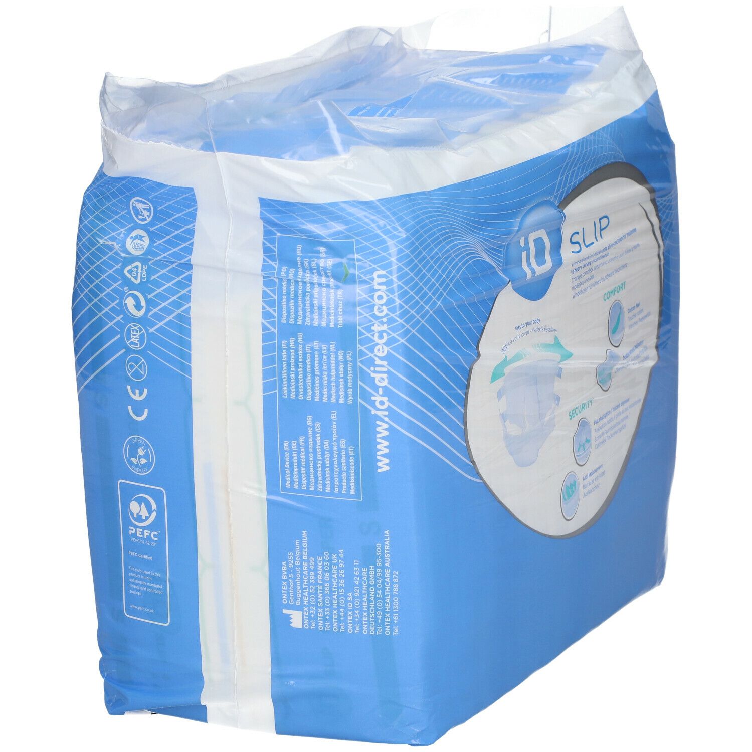 Verpackung ID Slip Super S, Größe S, unisex. Blaue Verpackung mit Produktinformationen und Logo. PEFC-Zertifizierung.
