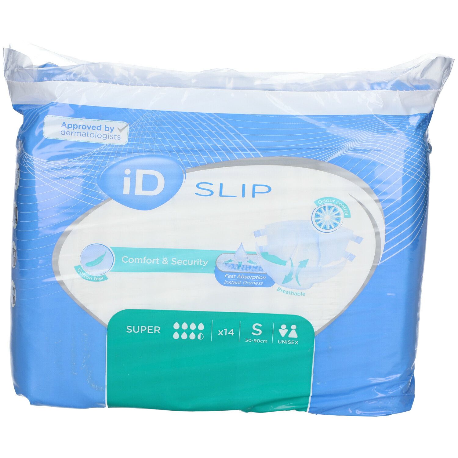 Verpackung ID Slip Super S, Größe S, unisex. Blaue Verpackung mit Produktinformationen und Logo. Genehmigt von Dermatologen.