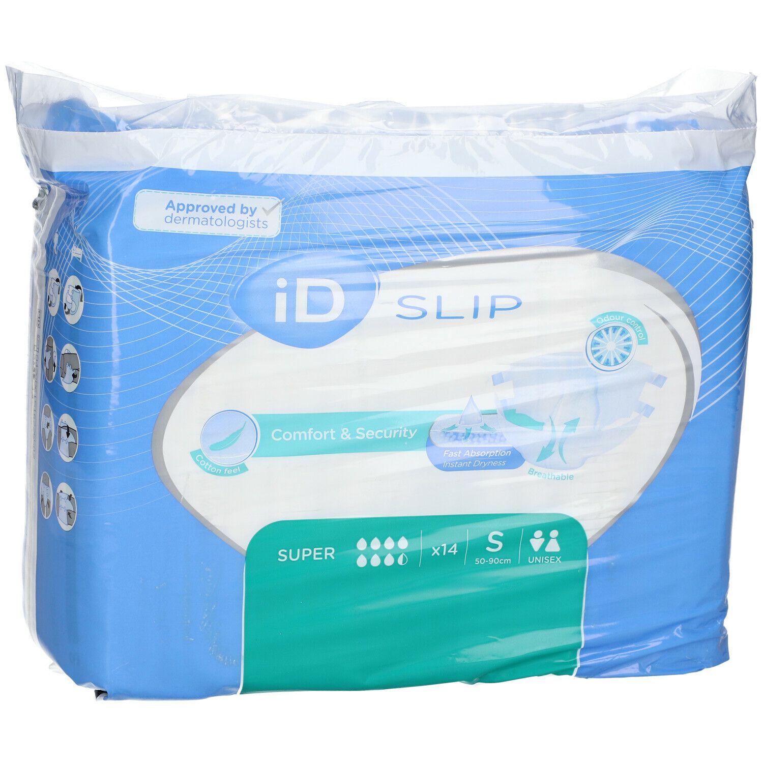 Verpackung ID Slip Super S, Größe S, unisex. Blaue Verpackung mit Produktinformationen und Logo. Genehmigt von Dermatologen.