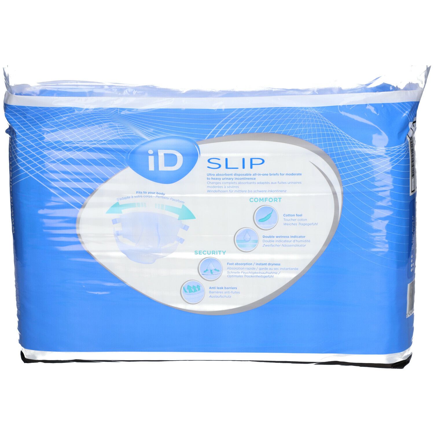 Paquet iD Slip. Emballage bleu avec illustration et logos. Inscription : Comfort, Security, Ultra absorbant.