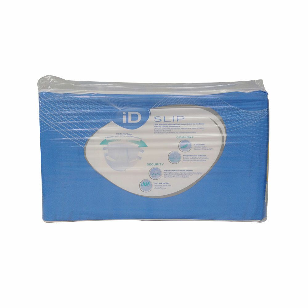 Emballage iD SLIP bleu, emballé dans du film plastique. Illustration du produit et texte. Confort & Sécurité.