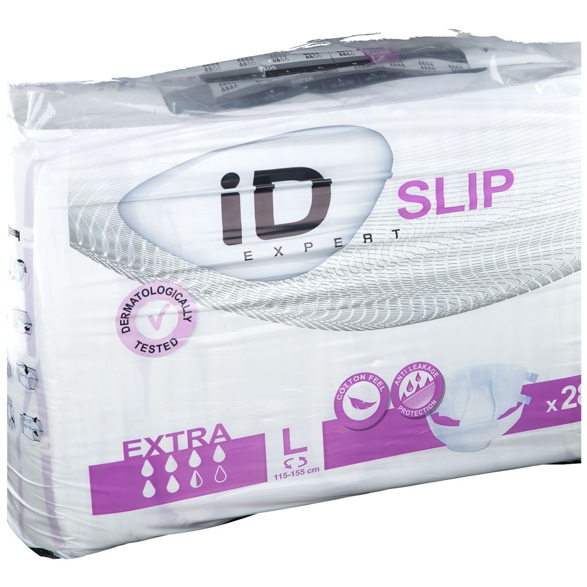 Paquet de iD Expert Slip Gr. L. Extra, testé dermatologiquement. Taille L, 115-155 cm. Protection anti-fuites et toucher coton.
