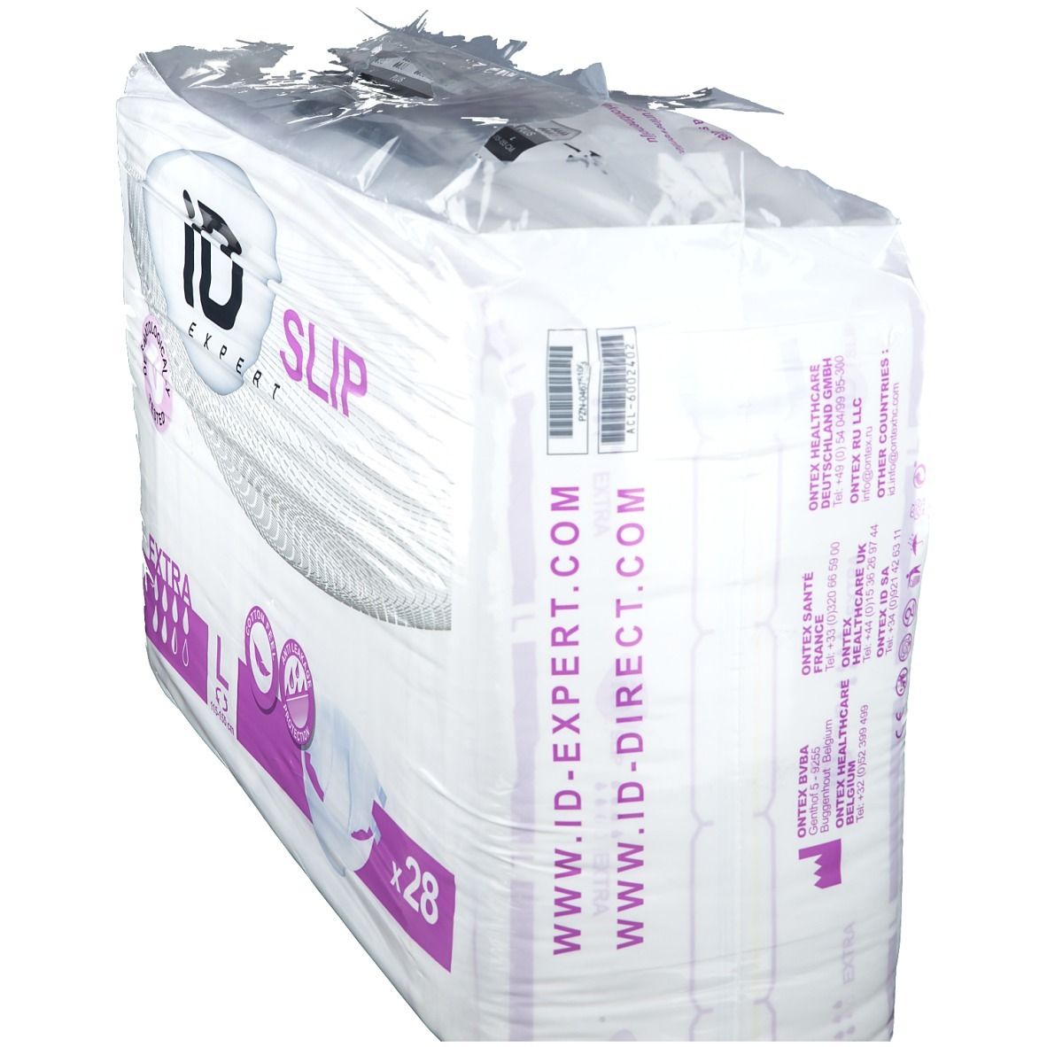Paquet iD Expert Slip. Taille L, Extra. Protection anti-fuites. www.id-expert.com et www.id-direct.com. 28 pièces.