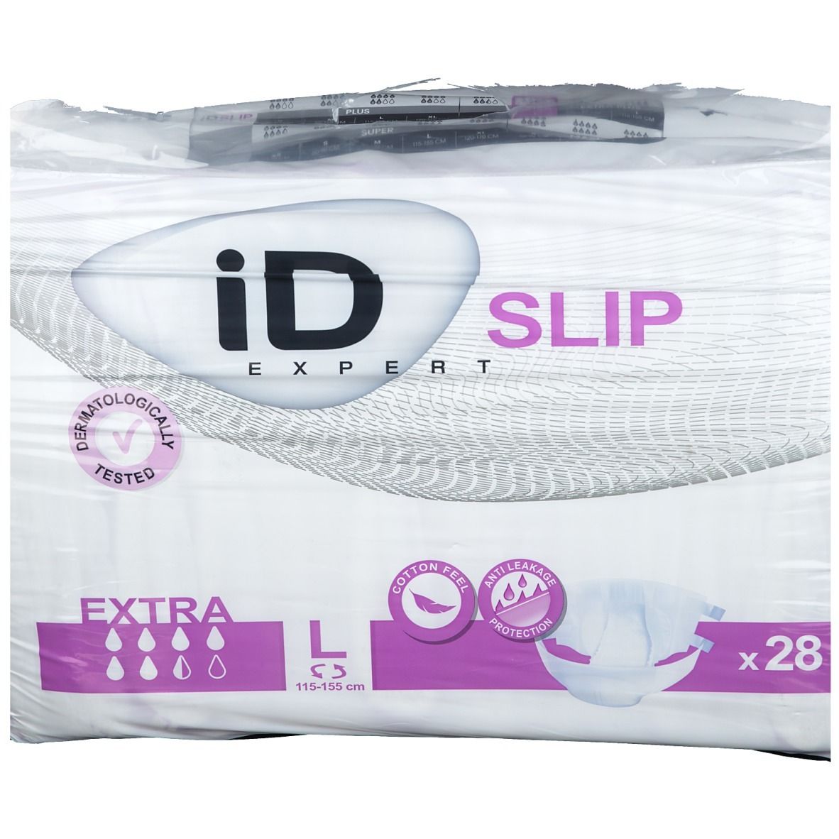 Paquet iD Expert Slip Gr. L, Extra. Testé dermatologiquement. Taille L, 115-155 cm. Protection anti-fuites et toucher coton. 28 pièces.