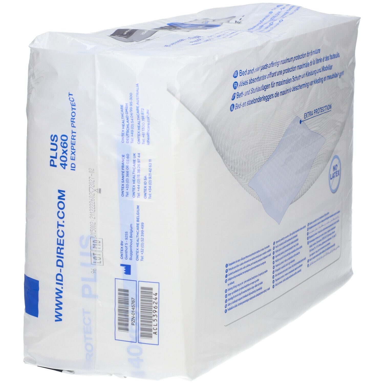 iD EXPERT Protect Plus, 40x60 cm, paquet. Vue latérale avec texte et logo. Sans latex. Adresse du site web.