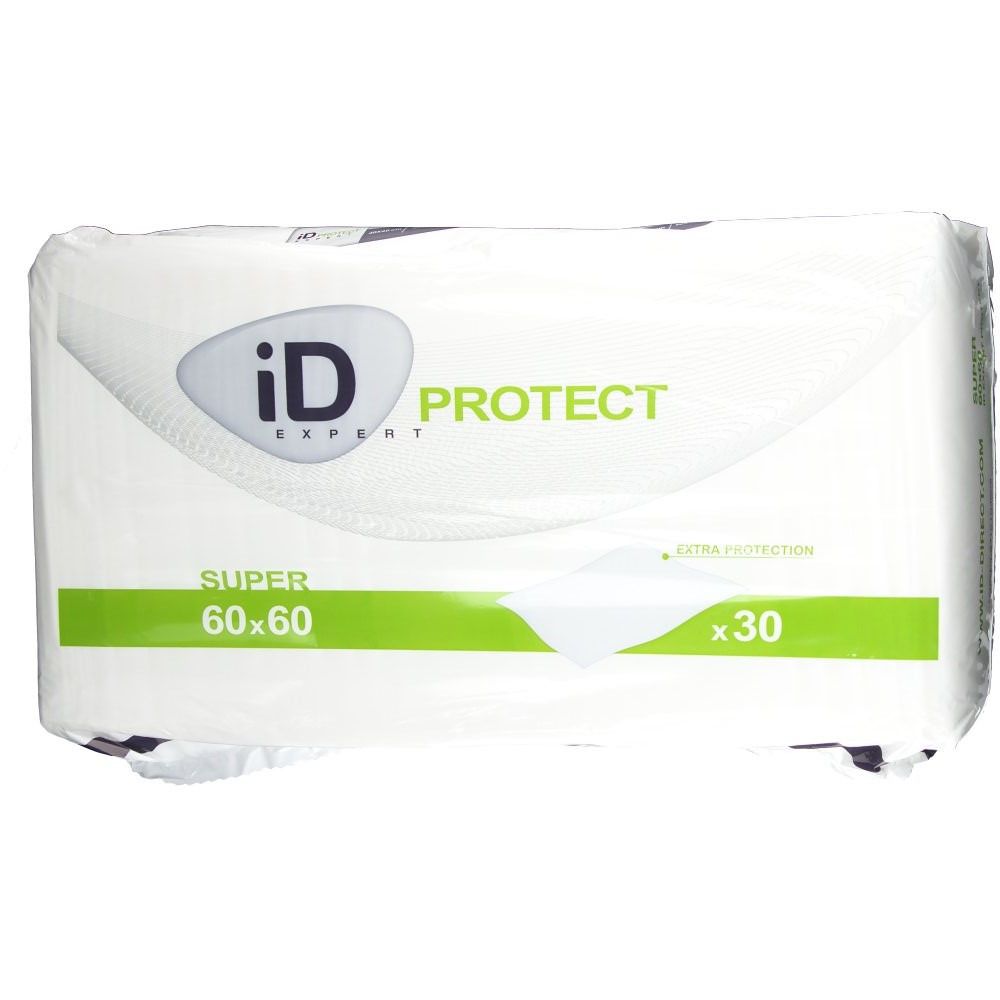 Paquet iD EXPERT Protect Super 60x60, vue de dessus. Emballage blanc avec logo et nom du produit. Contient 30 unités.
