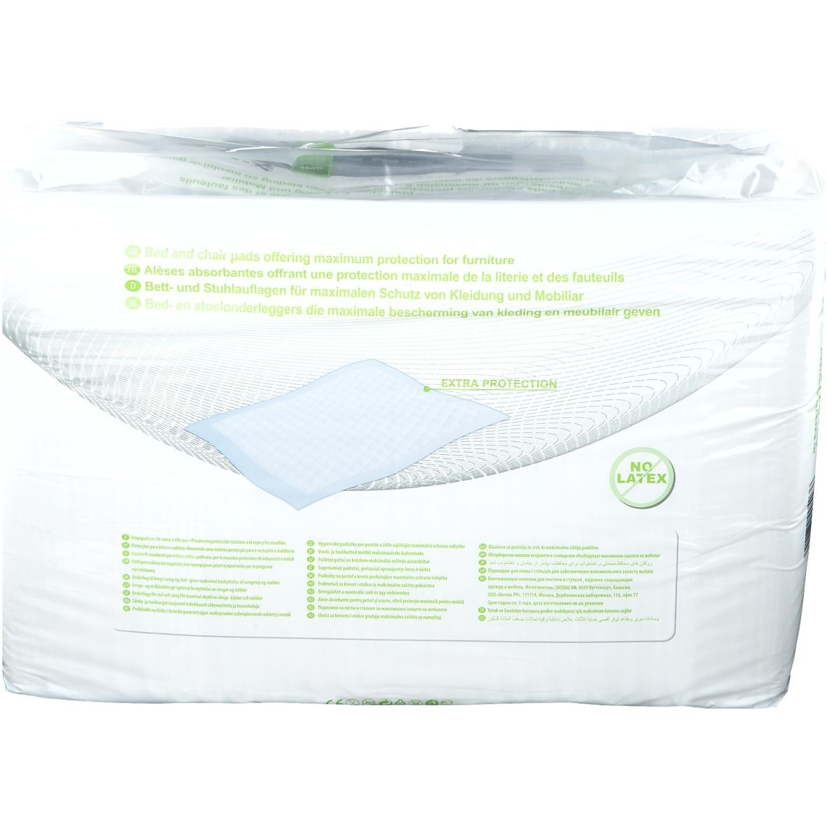 Emballage de protections de lit. Protège-matelas blancs avec centre bleu, emballés dans du plastique. Inscription : Extra Protection, No Latex.