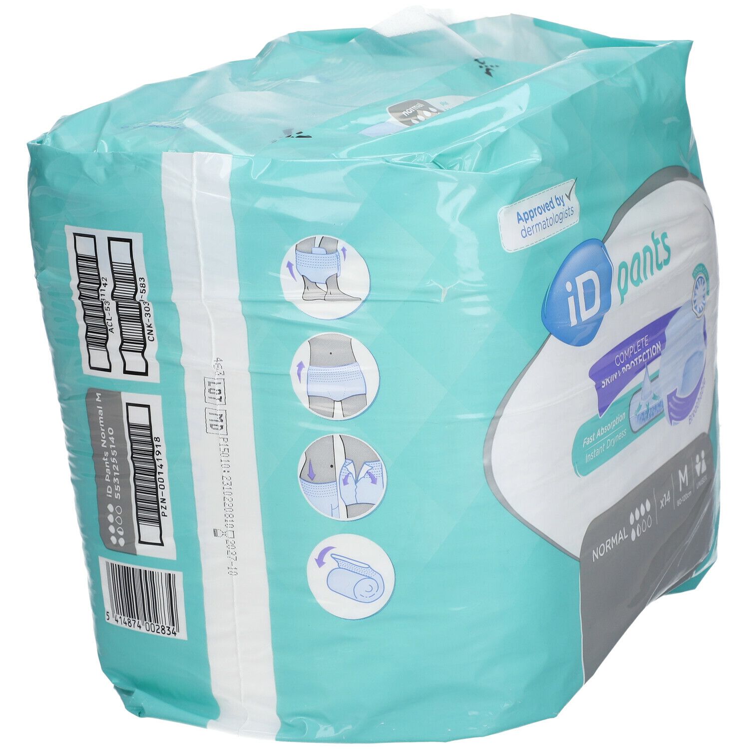 iD-Pants Normal M verpakking. Achterkant met productafbeeldingen en informatie. Barcodes en fabrikantgegevens.