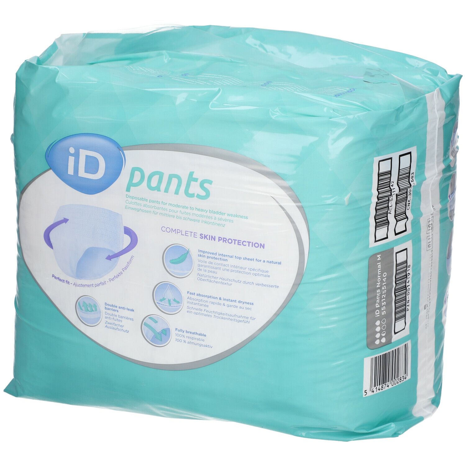 iD-Pants Normal M verpakking. Voorkant met productlogo en kenmerken. Illustraties en informatie.