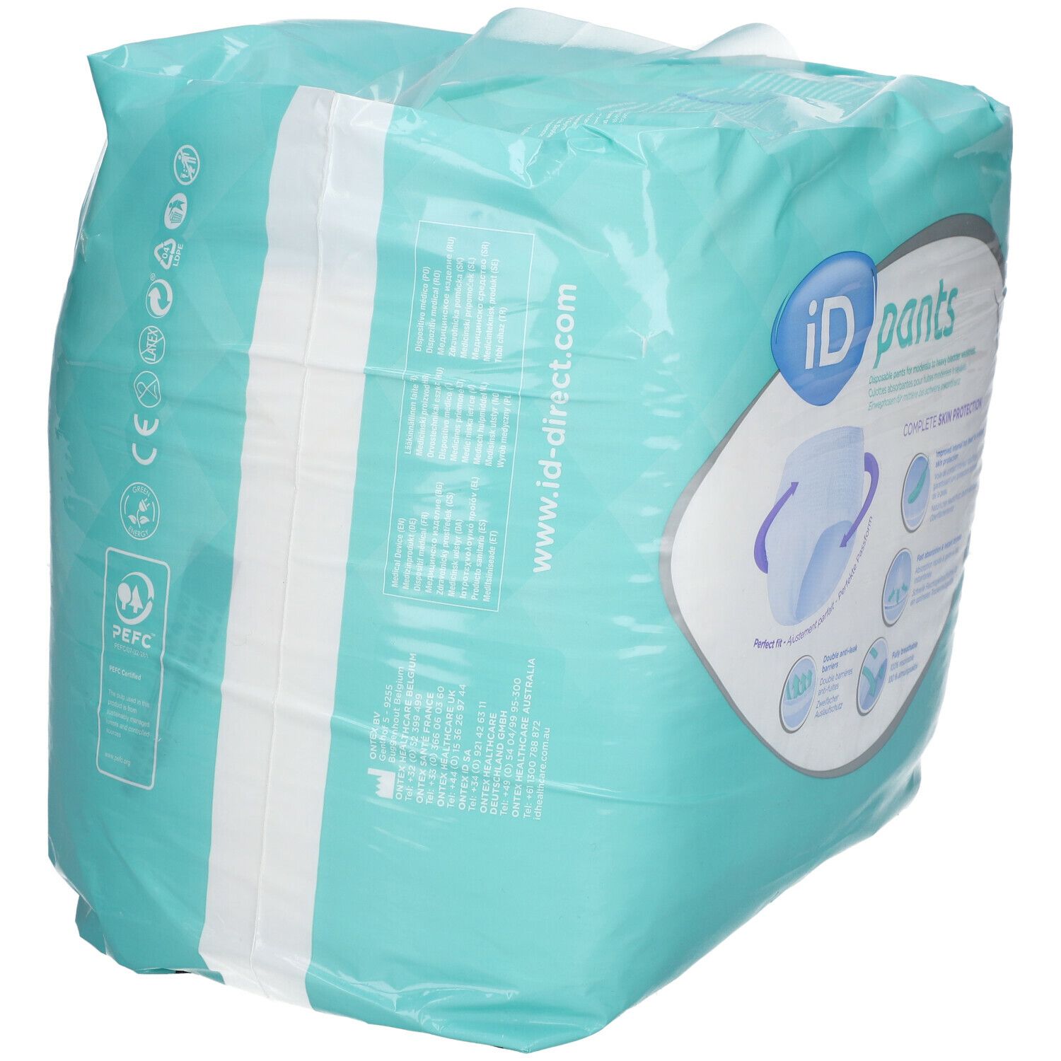 iD-Pants Normal M verpakking. Aqua-kleurige folie met logo en productinformatie. PEFC-certificering.