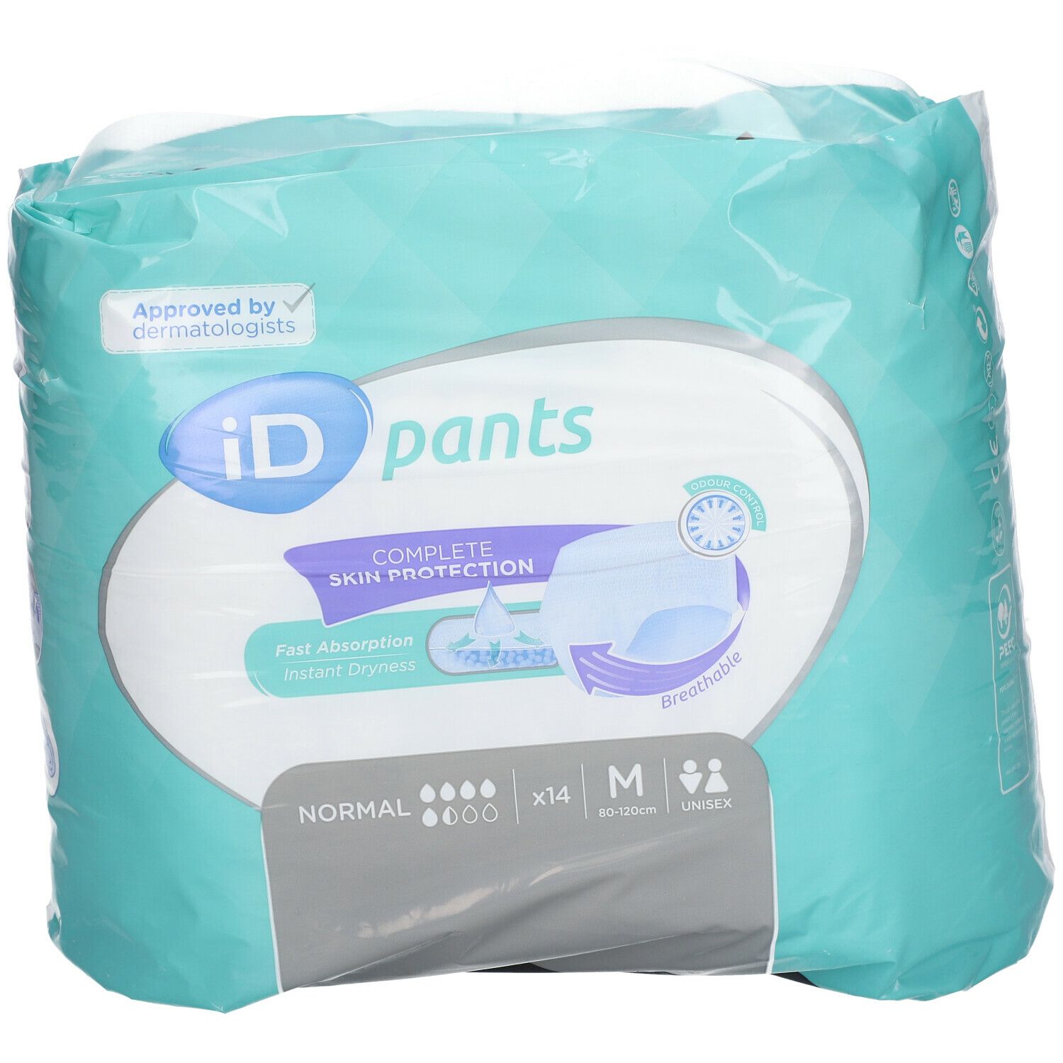 iD-Pants Normal M verpakking. Voorkant met logo, productinformatie en maat. Unisex symbool.