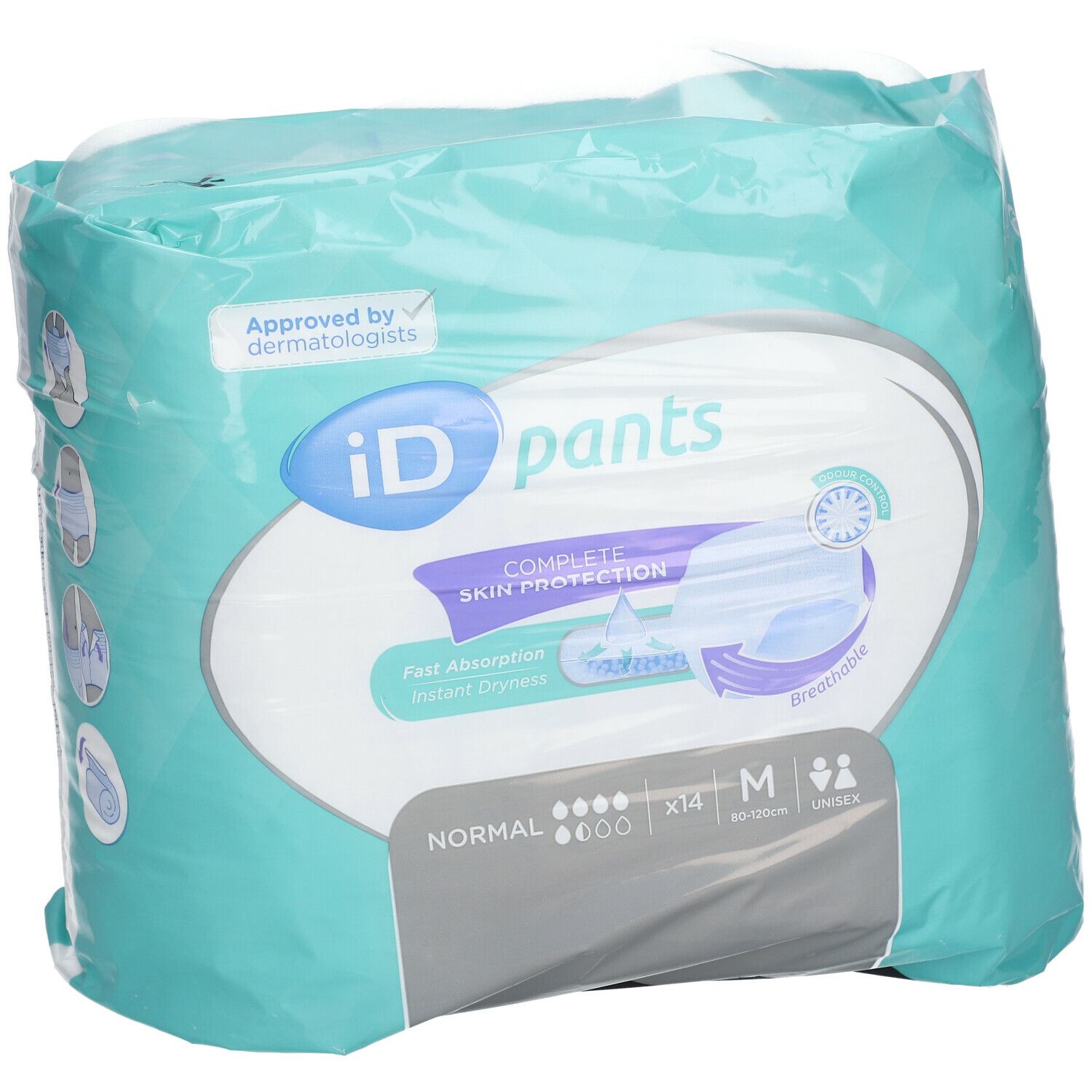 iD-Pants Normal M verpakking. Voorkant met logo, productinformatie en maat. Unisex symbool.