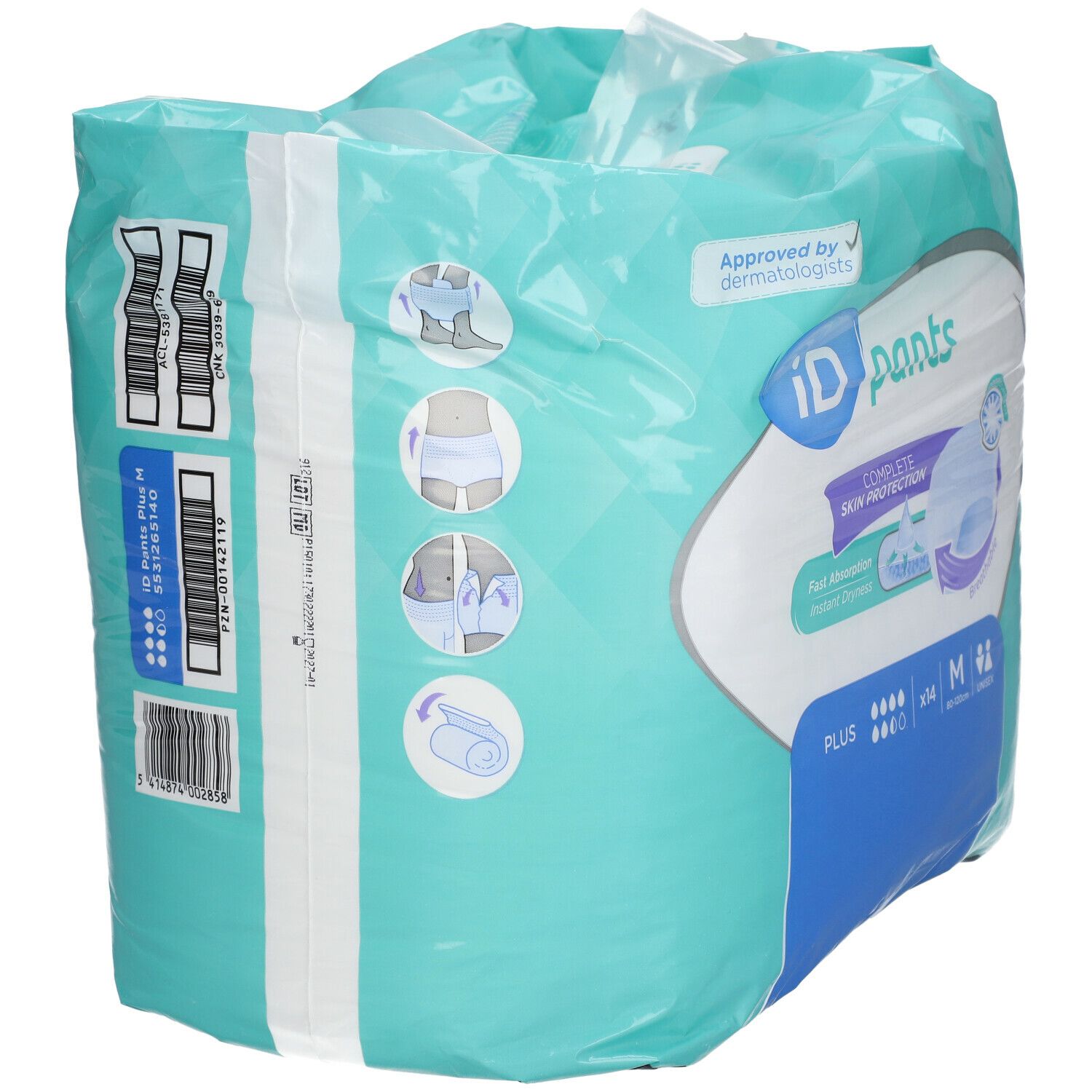 Achterkant iD pants verpakking. Opschrift: iD pants, illustraties, barcode. Dermatologisch getest.