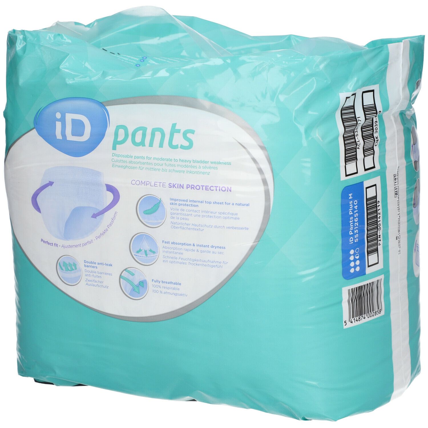 iD pants verpakking, blauw-turquoise. Opschrift: iD pants, illustraties, barcode. Dermatologisch getest.