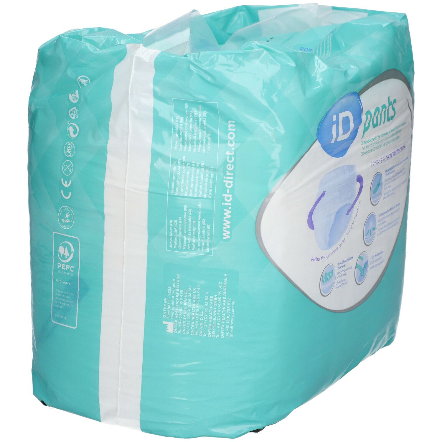 iD pants verpakking, blauw-turquoise. Opschrift: iD pants, illustraties, barcode. PEFC-certificering.