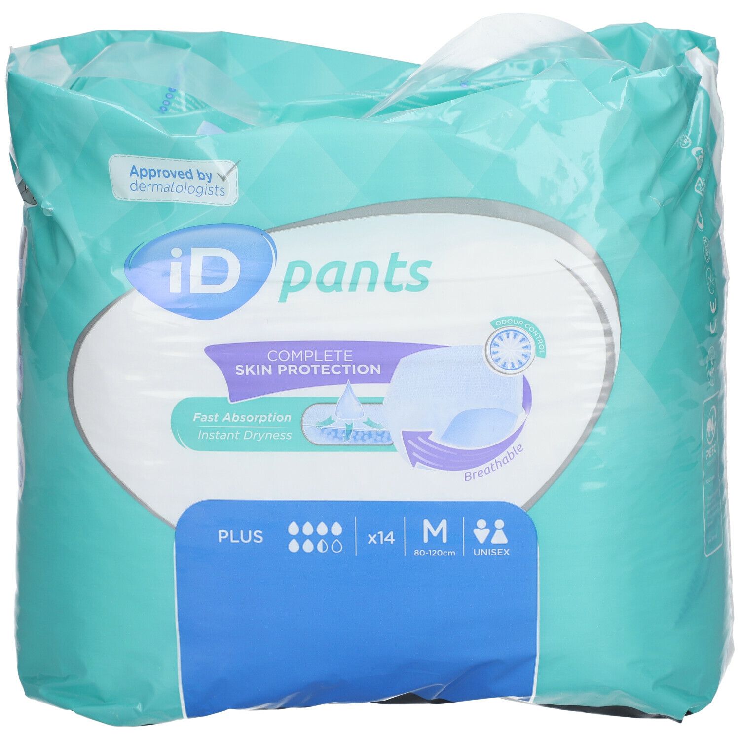 iD pants verpakking, blauw-turquoise. Opschrift: iD pants, PLUS, x14, M, Unisex. Dermatologisch getest.