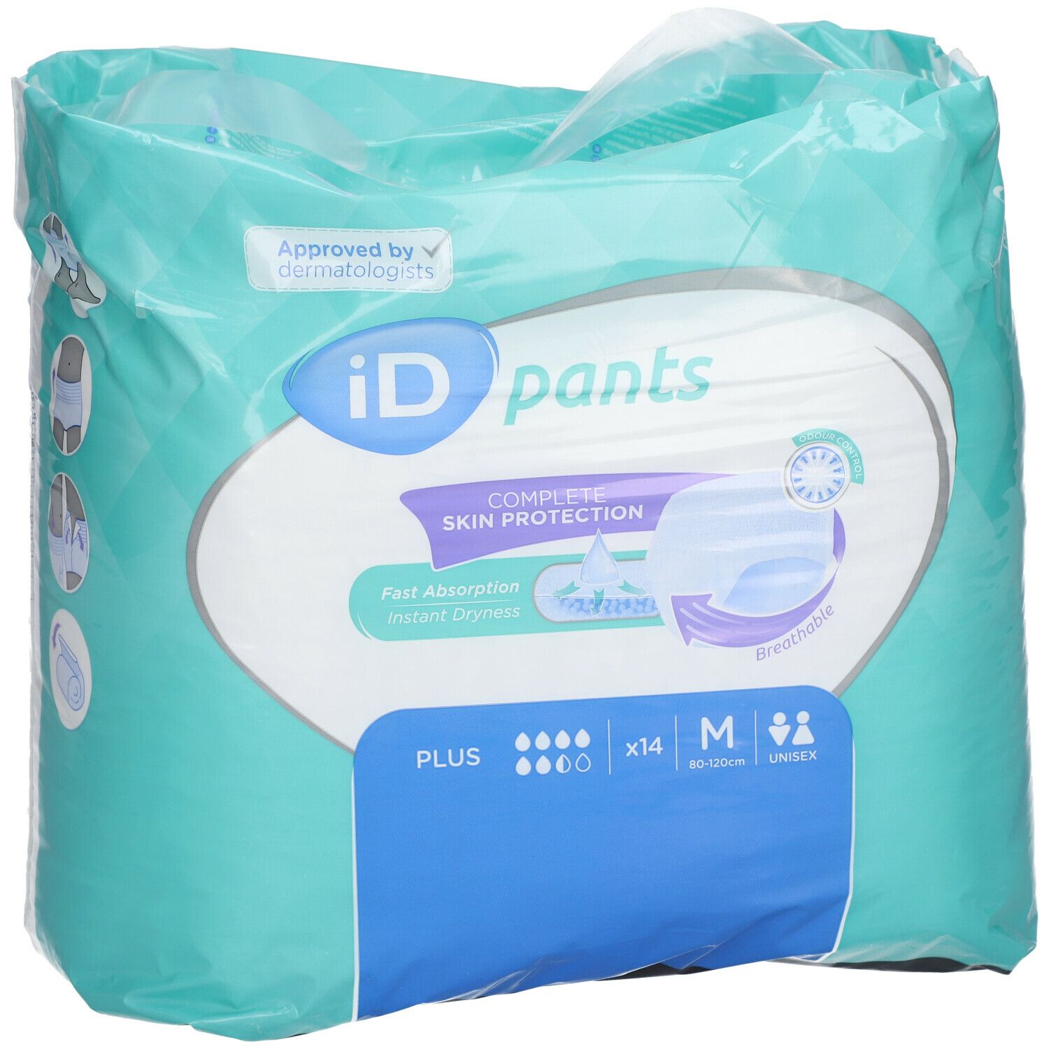 iD pants verpakking, blauw-turquoise. Opschrift: iD pants, PLUS, x14, M, Unisex. Dermatologisch getest.