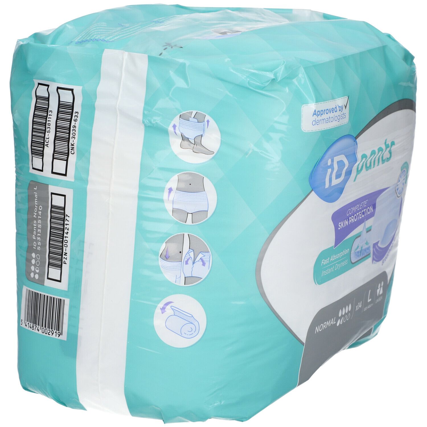 Dos de l'emballage iD Pants Normal L. Film turquoise. Illustrations d'utilisation. Code-barres et informations produit.