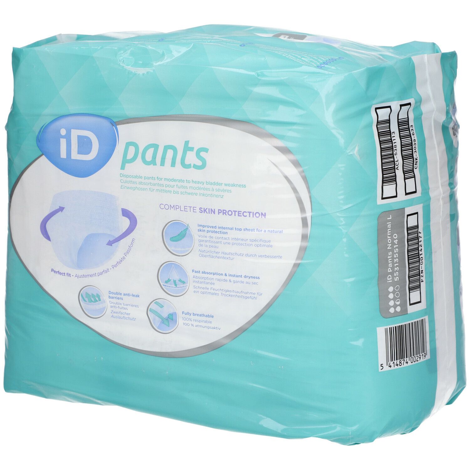 Emballage iD Pants Normal L. Film turquoise. Inscription : iD pants, Complete Skin Protection. Illustrations. Code-barres et informations.