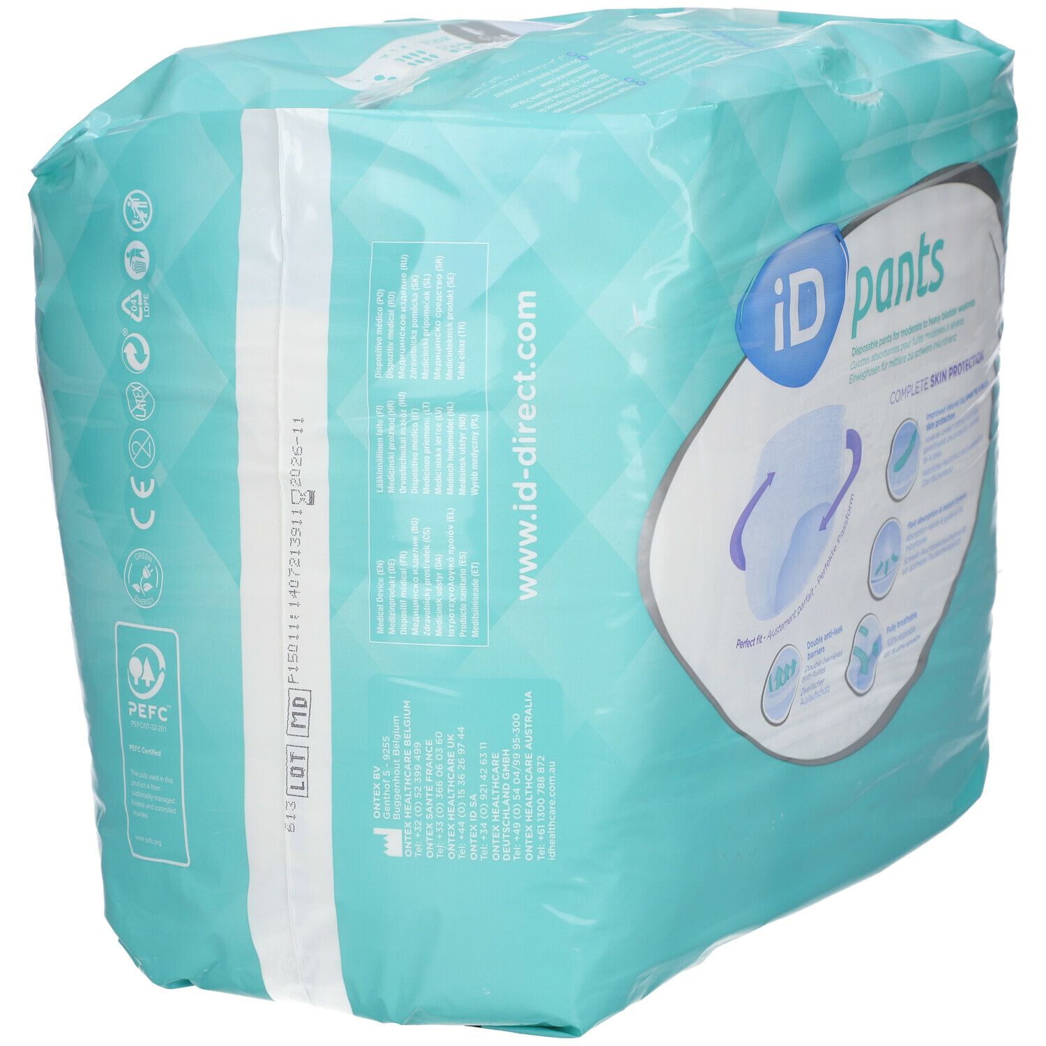 Emballage iD Pants Normal L. Film turquoise. Inscription : iD pants, www.id-direct.com. Certification PEFC. Informations produit.