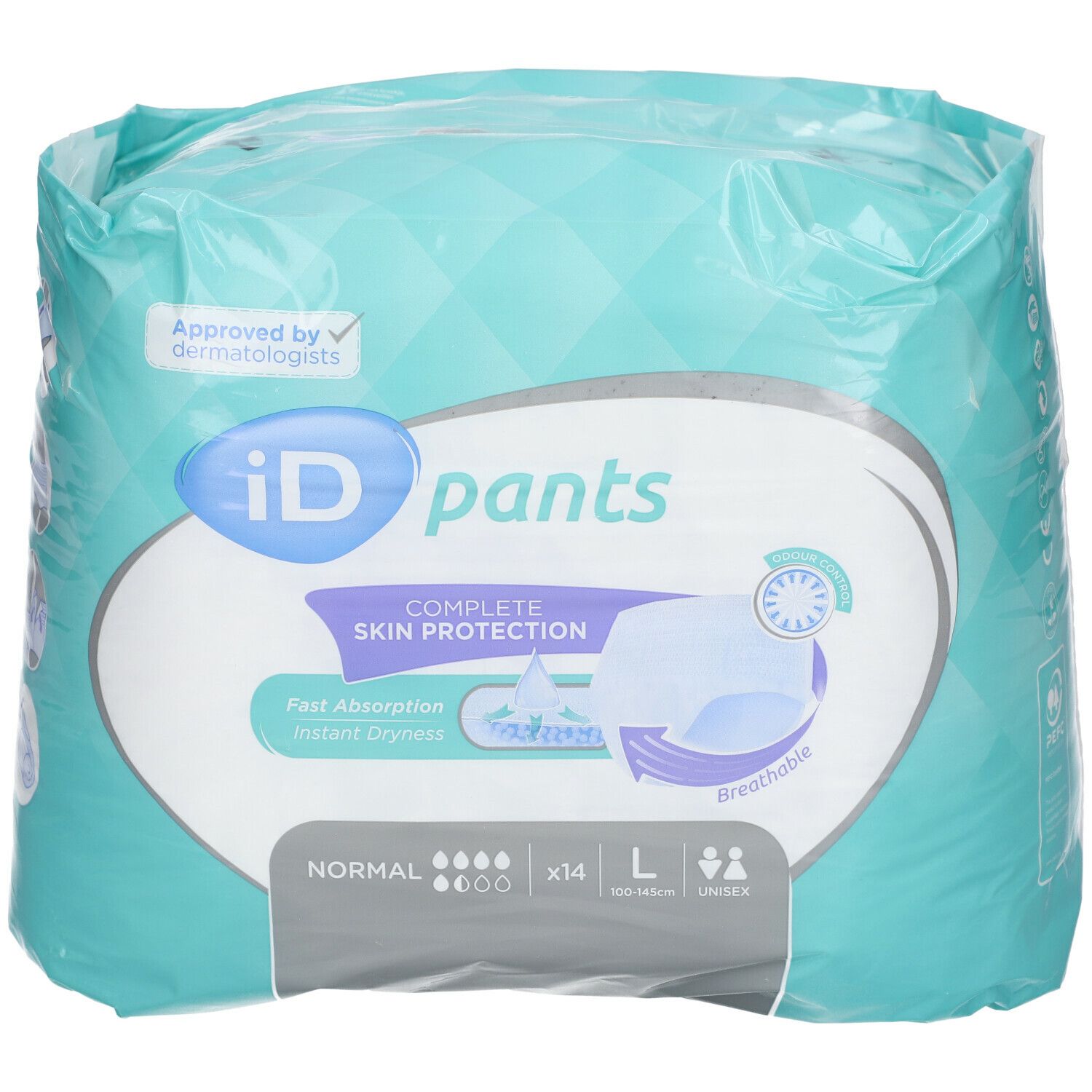 Emballage iD Pants Normal L. Film turquoise. Inscription : iD pants, Complete Skin Protection, Normal, L, Unisex. Testé dermatologiquement.