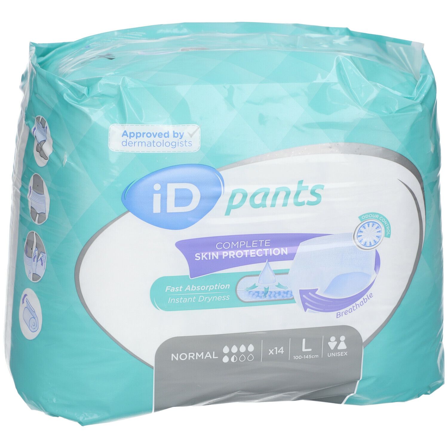 Emballage iD Pants Normal L. Film turquoise. Inscription : iD pants, Complete Skin Protection, Normal, L, Unisex. Testé dermatologiquement.