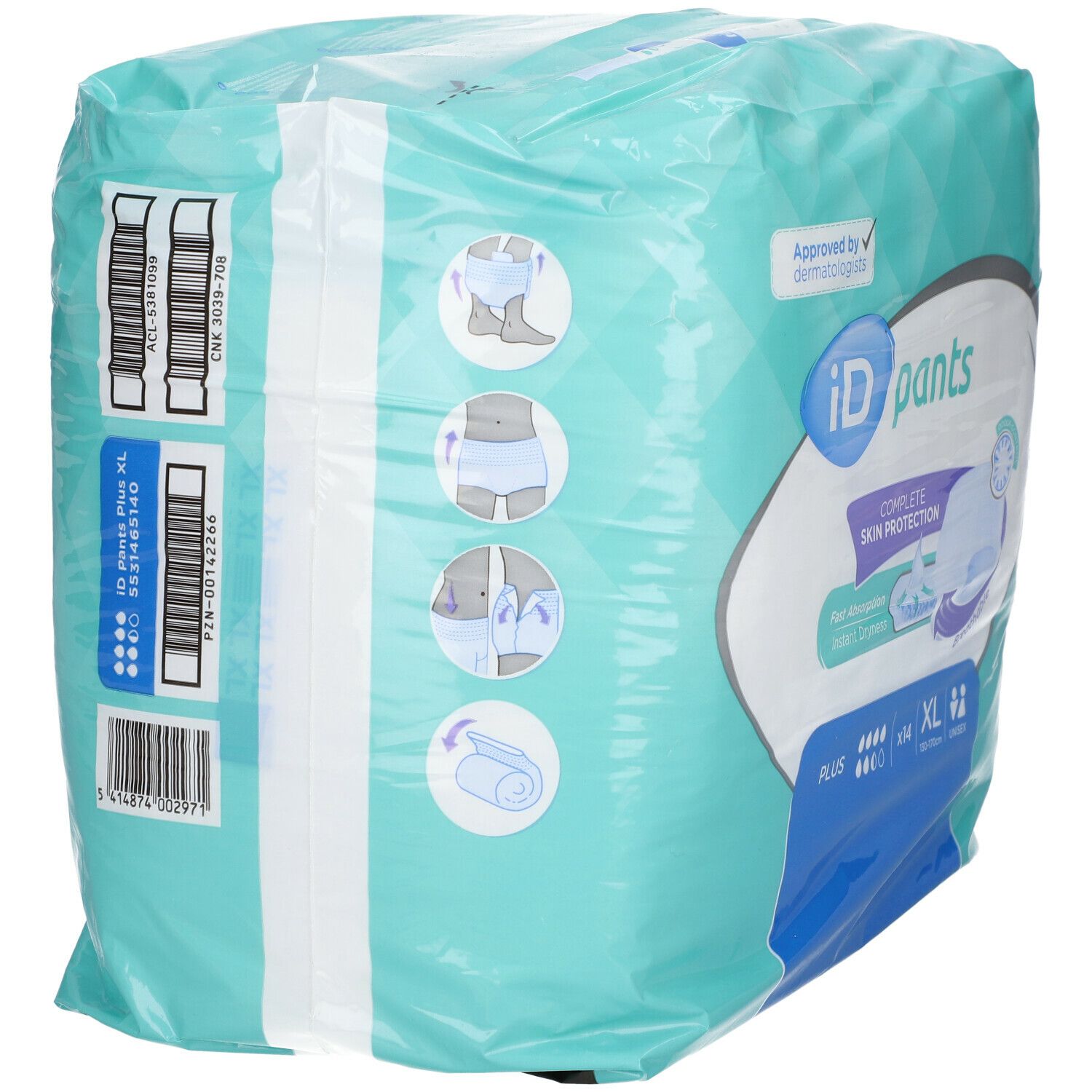 Emballage iD Pants Plus XL. Dos avec illustrations, codes-barres et informations produit. Testé dermatologiquement.